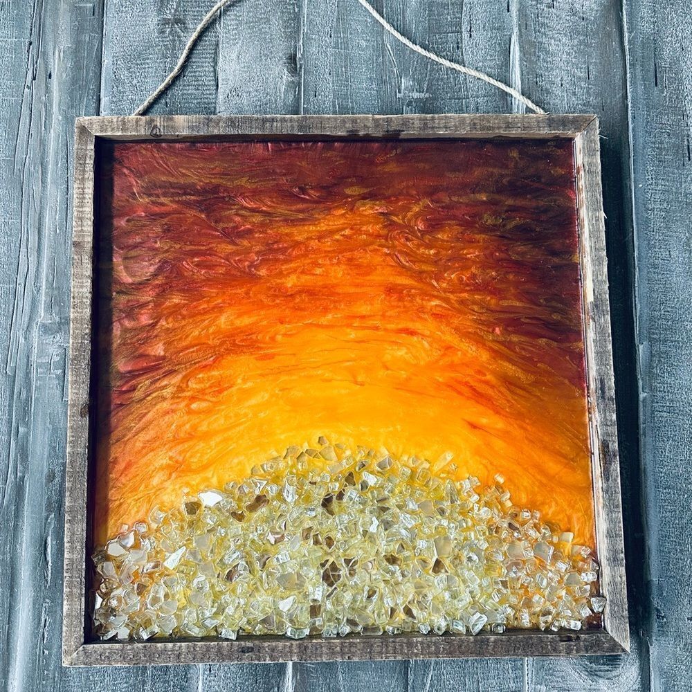 Mixed Media Glass Acrylic Wood Framed Abstract Sunset Wall Hanging Art Decor